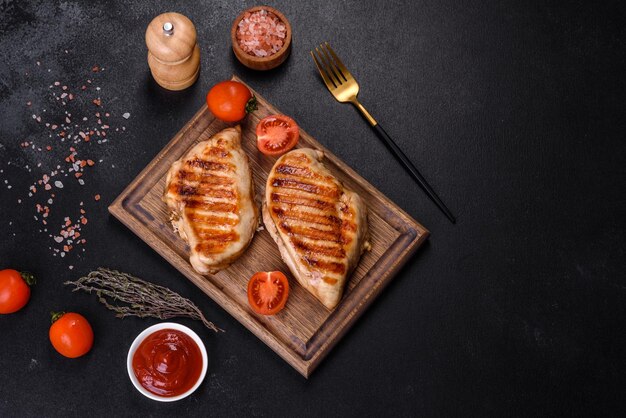 Delicioso filete de pollo fresco a la parrilla con especias y hierbas sobre un fondo de hormigón oscuro Un plato cocinado al fuego