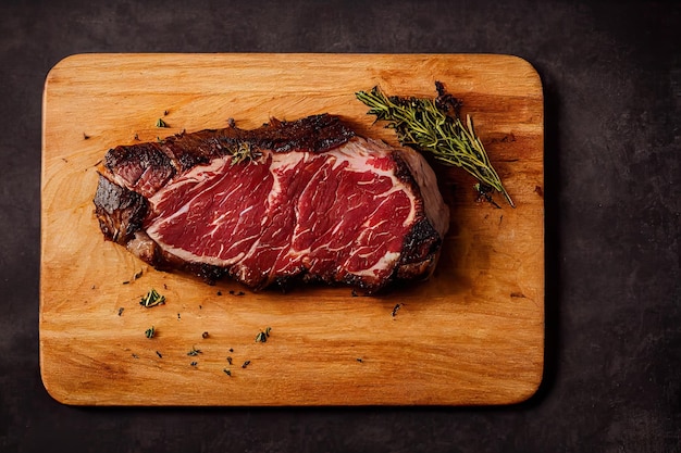 Delicioso filete de solomillo jugoso con tomate y romero sobre fondo de madera. Bistec de chorizo argentino.