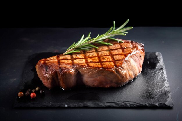 Delicioso filete de ternera a la parrilla en una mesa con un fondo negro oscuro con fuego y humo, fotografía de comida, estilo de comida