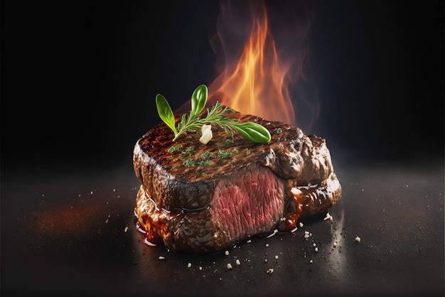 Delicioso filete de ternera a la parrilla en una mesa con un fondo negro oscuro con fuego y humo, fotografía de comida, estilo de comida