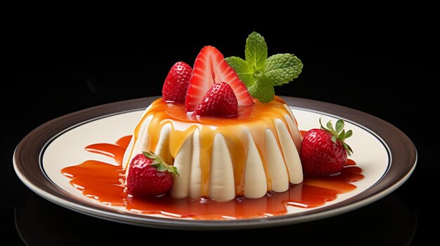 Delicioso flan com creme de leite e morangos em fatias