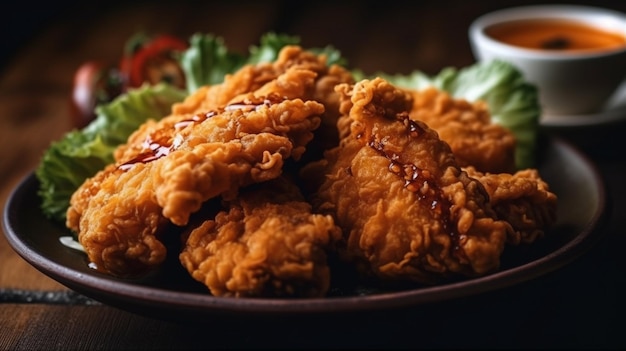 Foto delicioso frango frito em uma tábua de madeira com fundo preto