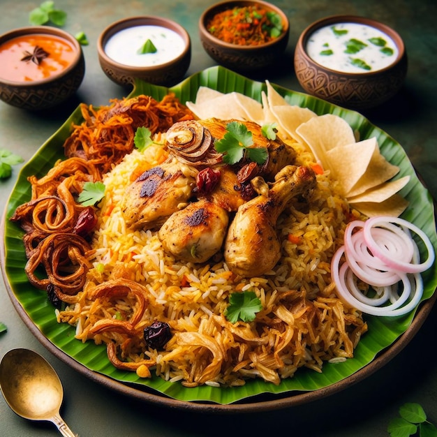 delicioso frango picante biryani comida indiana ou paquistanesa de ramzan refeição de Iftar jantar de Ramadã