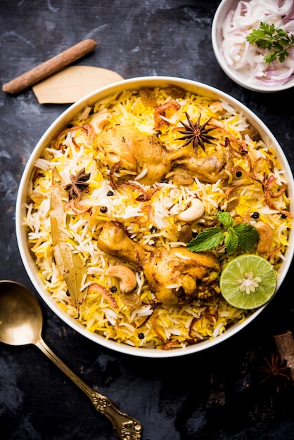 Delicioso frango picante biryani em uma tigela sobre fundo temperamental, é uma comida popular indiana e paquistanesa