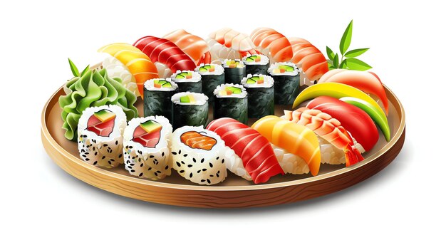 Foto un delicioso y fresco plato de sushi que incluye nigiri maki y sashimi