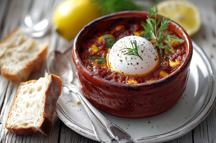 Foto delicioso ful medames con huevo en un bol de cerámica acompañado de pan fresco y limón