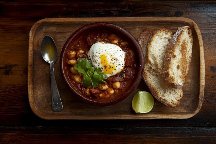 Foto delicioso ful medames con huevo servido en un bol acompañado de pan tostado y limón fresco