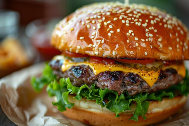 Foto delicioso gourmet cheeseburger com alface