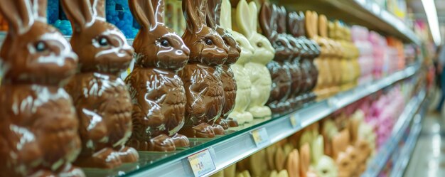 Un delicioso grupo de conejitos de chocolate en fila en la caja de la tienda de comestibles