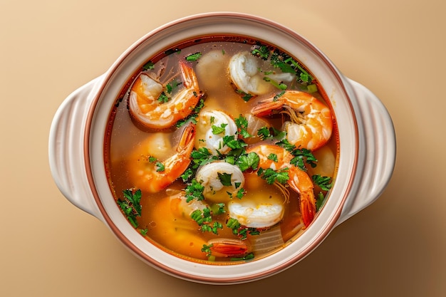 Delicioso guisado de frutos do mar com camarão e conchas em tigela de cerâmica com fundo bege Refeição Gourmet