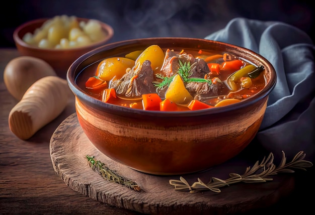 Delicioso guiso de ternera y verduras en cazuela de barro