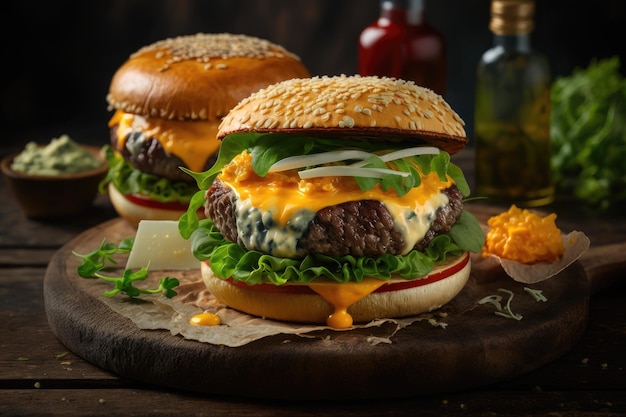 Delicioso hambúrguer caseiro com duas camadas de queijo alface e tenras costeletas de carne