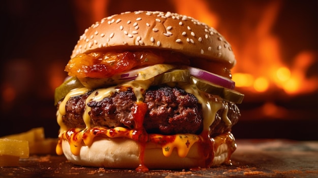 Delicioso hambúrguer caseiro com pimentão e grelha de churrasco banner de anúncio de comida de fogo em ilustração 3d