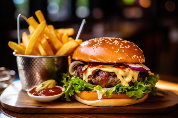 Delicioso hambúrguer com combinação de batatas fritas