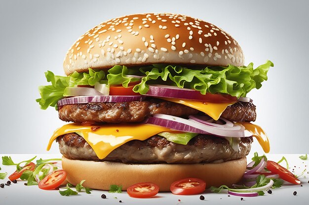 delicioso hambúrguer com muitos ingredientes isolados em fundo brancosaboroso molho de cheeseburger