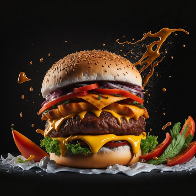 Delicioso hambúrguer com muitos ingredientes isolados em fundo preto saboroso molho de cheeseburger