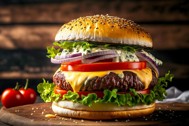 Delicioso hambúrguer de carne caseira em delicioso hambúrguer com tomate e queijo