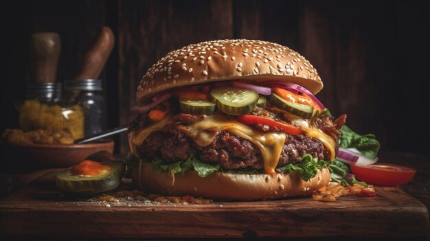 Delicioso hambúrguer de carne em uma tábua de madeira com fundo preto