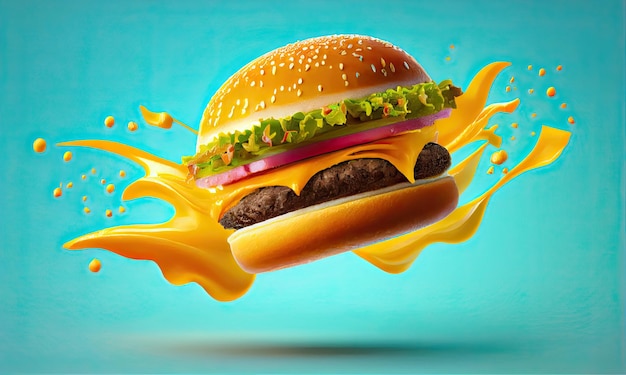 Delicioso hambúrguer de fast-food voando sobre uma IA generativa de fundo azul