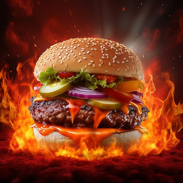 Delicioso hambúrguer grande com muitos ingredientes com fundo de fogo Generative AI