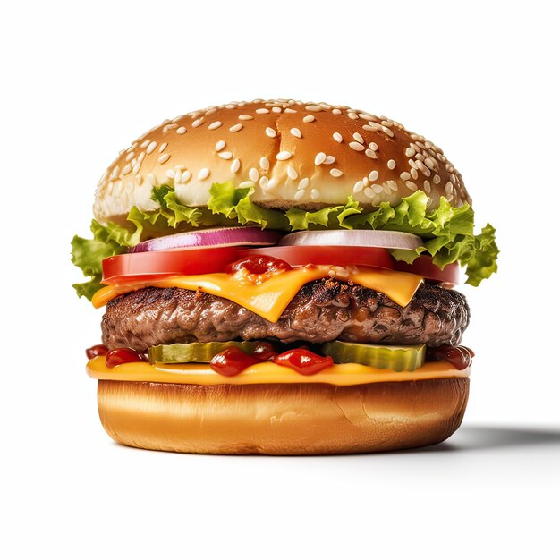 Delicioso hambúrguer servido em tábuas de madeiraEste cheeseburger filmado em um estilo de publicidade de fast food Ilustração de IA generativa