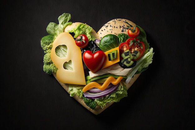 Delicioso hambúrguer vegetariano em forma de coração com legumes e queijo isolado em fundo preto