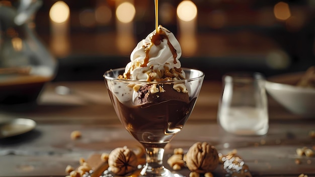 Delicioso helado con caramelo y nueces en una mesa de madera Ilustraciones generativas de IA