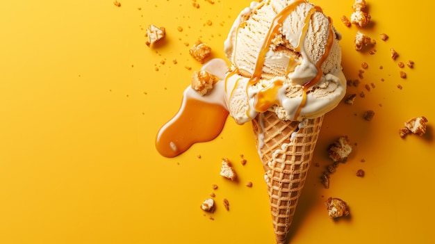 Delicioso helado con caramelo sobre un fondo amarillo