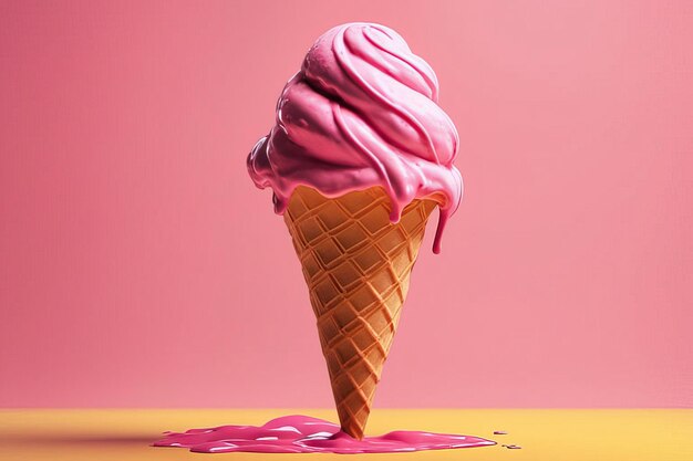 delicioso helado de chocolate con cono de gofre en un fondo rosa