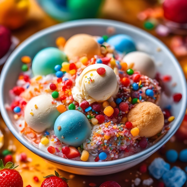 Delicioso helado colorido con cobertura completa