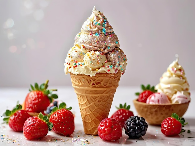 delicioso helado en un cono de vainilla sobre un fondo blanco El helado está decorado con frutas y bayas frescas