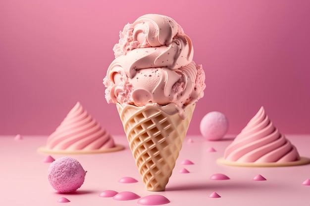 Delicioso helado de crema con una bola sobre un fondo rosa Imagen generada por tecnología AI