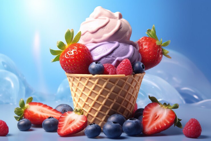 Delicioso helado de domingo con fresas y arándanos