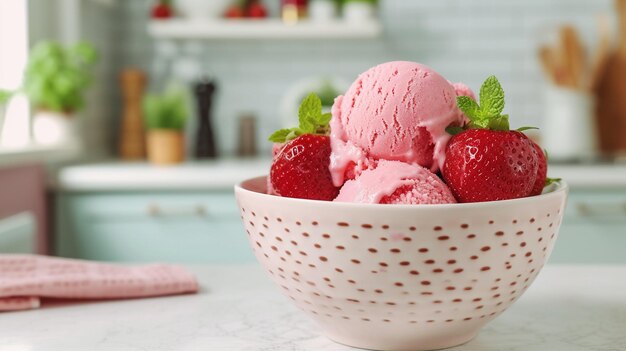 delicioso helado de fresa en un plato blanco con una baya