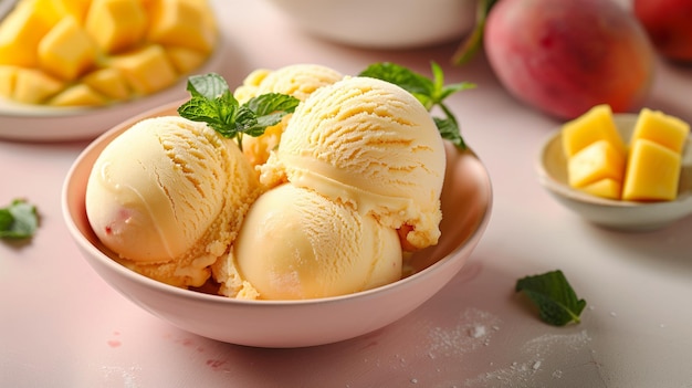 Delicioso helado de mango en un tazón en la mesa de primer plano Delicioso postre
