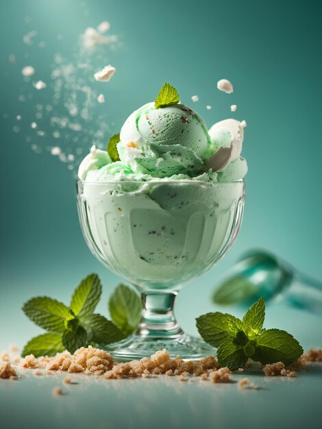 Foto delicioso helado de menta helado flotante refrescante postre congelado fotografía publicitaria cinematográfica