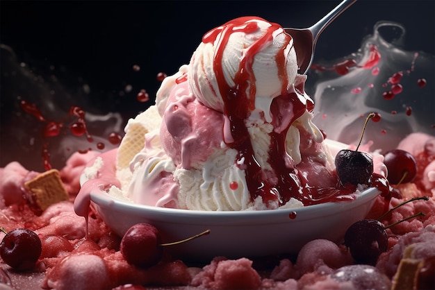 Delicioso helado con mermelada de cerezas casera de cerca