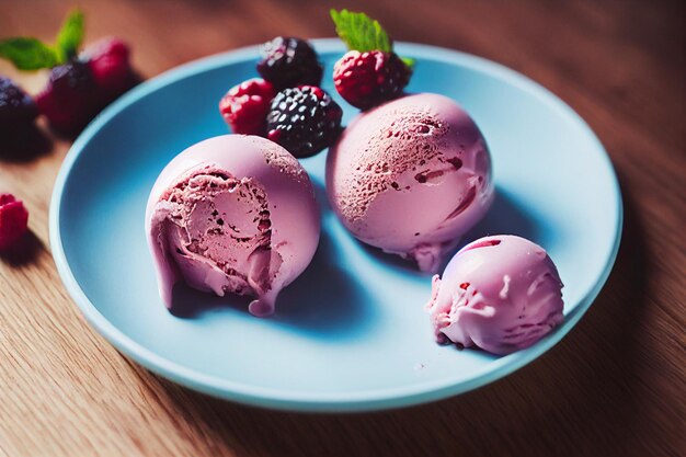 Delicioso helado de mora fresca con diferentes tipos de bayas