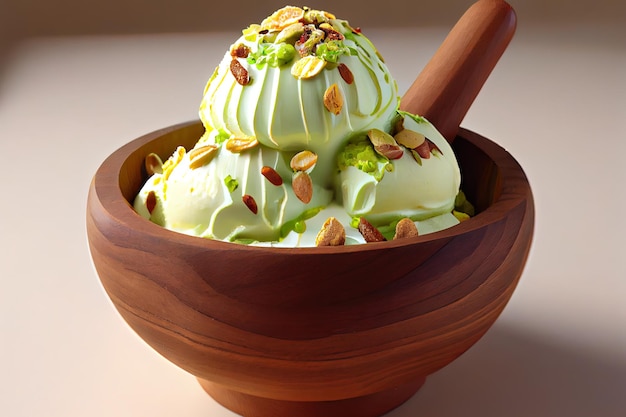 Delicioso helado de pistacho en cuenco de madera