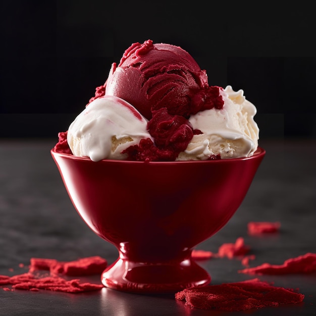 Delicioso helado de terciopelo rojo en un tazón