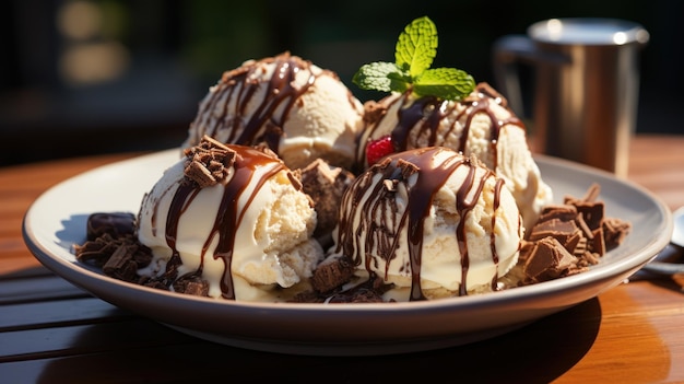 Delicioso helado de vainilla y chocolate en un bol