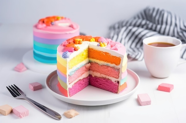 Delicioso y hermoso pastel con los colores del arcoíris servido con té o café IA generativa