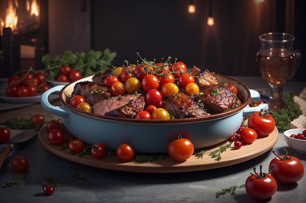 Delicioso hígado dietético asado con tomates cherry asado en una olla