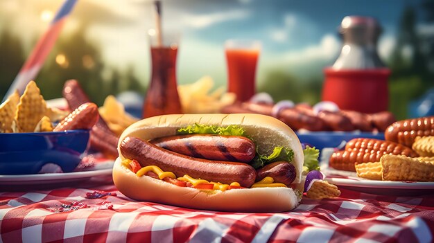 Delicioso hot dog americano de comida rápida y papas fritas sobre un mantel a cuadros para un clásico