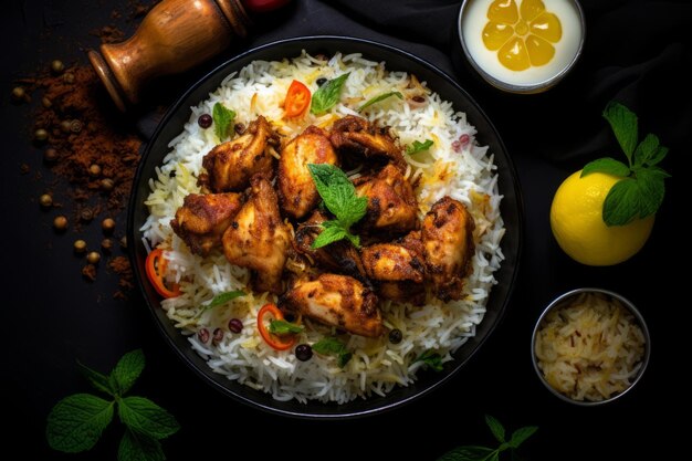 Delicioso Hyderabadi Chicken Biryani Uma delícia paquistanesa servida com Raita Yoghurt Dip