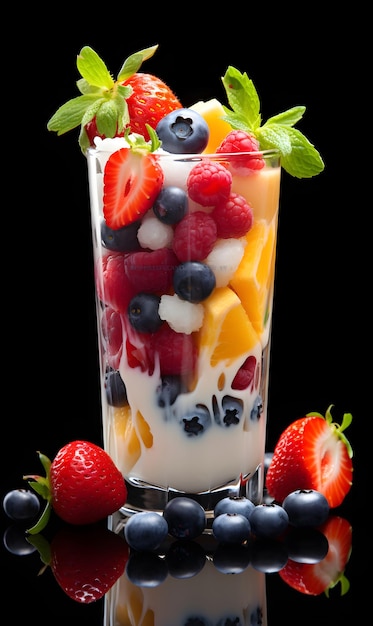 Delicioso iogurte com frutas vermelhas em um copo