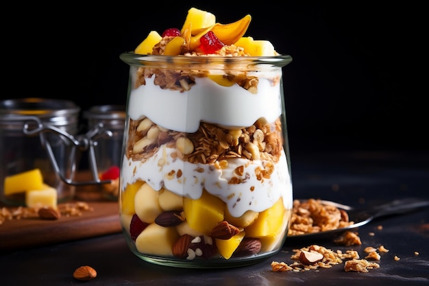 Delicioso iogurte Granola Parfait com nozes cortadas e Mango Fresco IA Generativa