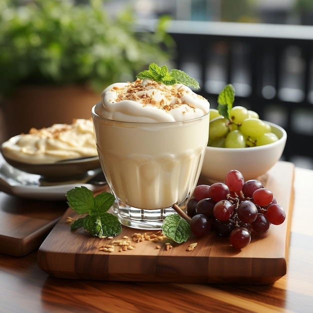 Delicioso iogurte grego servido em uma tábua de madeira em uma mesa no café