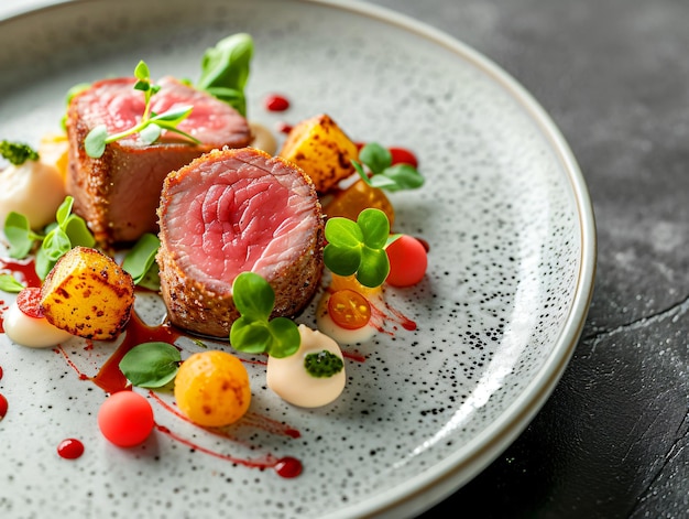 Delicioso jantar requintado com comida fresca e deliciosa em um fundo elegante e luxuoso do chefe Michelin