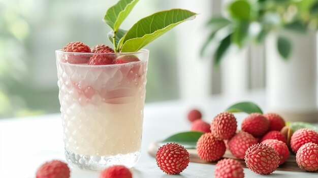 delicioso jugo de lychee en un primer plano de mesa blanca